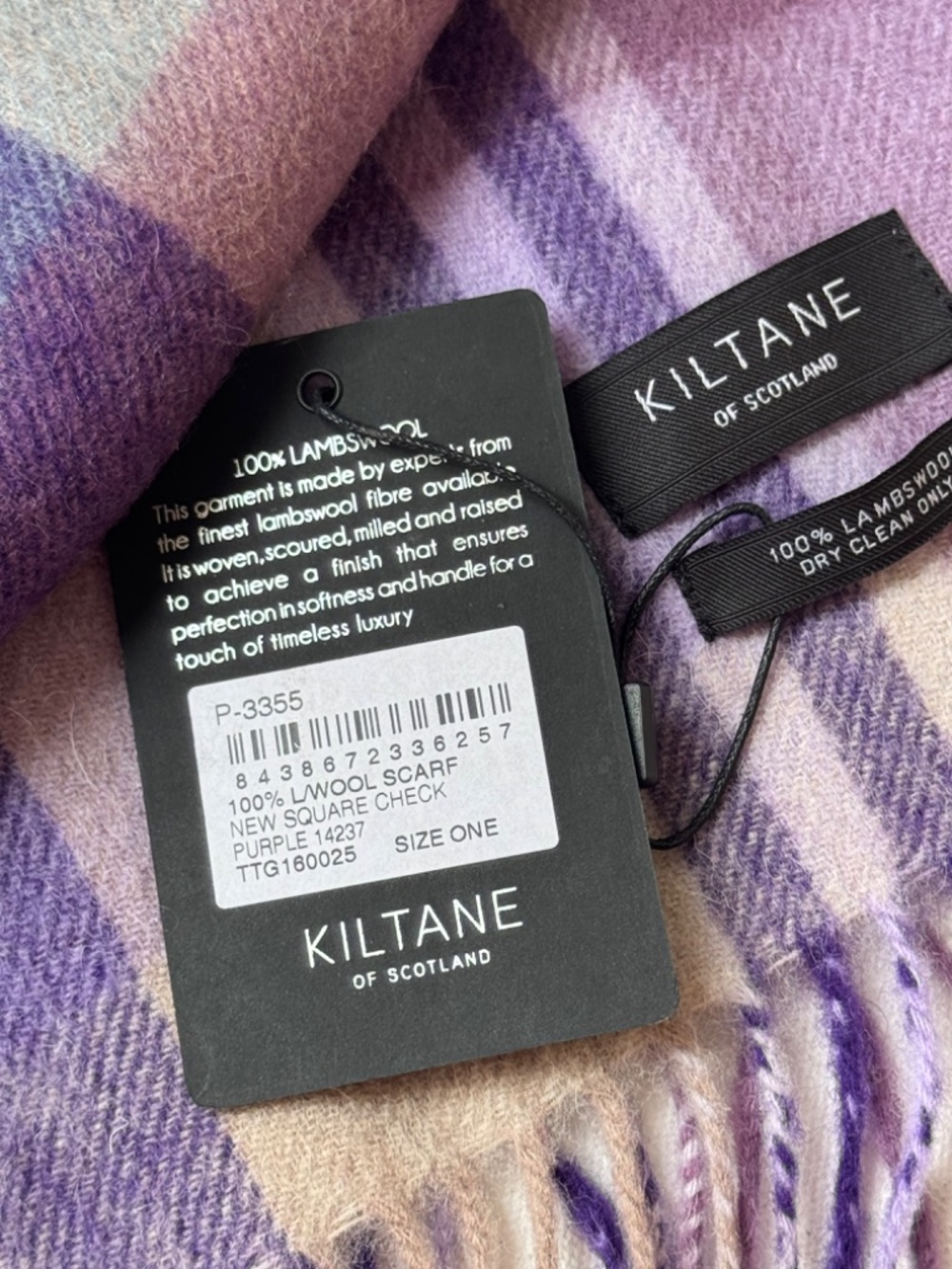Kiltane of Scotland 100% Lambswool Scarf Purple Check New Wrap Wool NWT